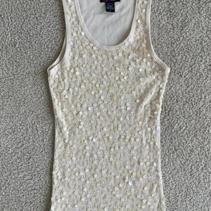 Y2K Cream Sequin Embellished Tank Top 2000s Party Glam - Size S